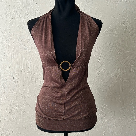 Charlotte Russe Tops - Sparkly brown halter top w/ O-ring & deep plunge